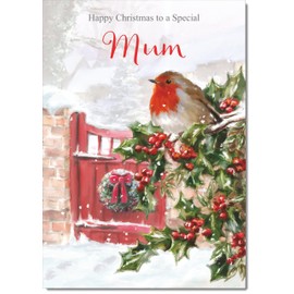 doodlecards Mum Christmas Card Robin on Holly Tree Medium Size Christmas Card for Mum with Plain Envelope