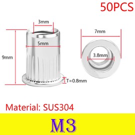 Qrity 50 PCS Rivet Nut, Stainless Steel Flat Head Threaded Insert Nutsert Kit, M3 Fasteners Nut