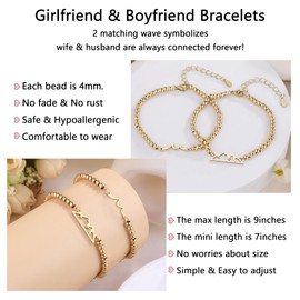 Pinky Promise Matching Bracelet for Couples Matching Mountain Ocean Wave Couple Bracelets for Wife Husband Soulmate Anniversary Couple Gift for Him Her Valentine's Day Birthday Engagement Gift (Gold-Wave Mountain)