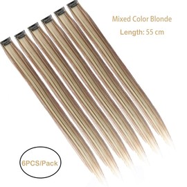 Creamily Clip in Highlight Hair Extensions 20 Inch Multi Color Hair Extensions Mixed Blonde Party Highlights Long Straight Synthetic Hair Extension for Women Kids Girls (6 Pieces/Pack)