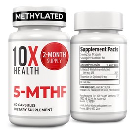 10X Health 5-MTHF Methylfolate - Methylated Folate & Magnesium for Brain, Heart Health, DNA & Neurotransmitter Synthesis - Bioavailable Methyl Folate Supplement - Methylfolate Supplement 60 Capsules