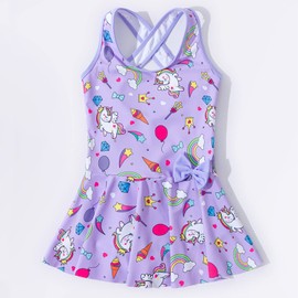 MZSYLK Girls Unicorn Swimming Costume Cute One Piece Swimwear Children Bathing Suit Thick Strap Purple