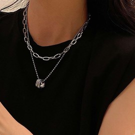 Atentuyi Layered Necklace Paperclip Choker Silver Satellite Chain Round Circle Pendant Necklace Link Chain Necklace Double Paperclip Chain Necklace Jewelry for Women and Teen Girls