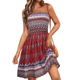 Summmer Dresses for Women Cover up Swing Beach Strapless Swimsuit Boho Floral Print Sundress(Red Boho,S)