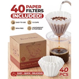 Brew Choice Pour Over Coffee Dripper with 40 Paper Filters, Coffee Filter Cup, Manual Drip Coffee Brewer, Easy Clean, Ideal for Beginners, Home Office Camping 1-2 Cup