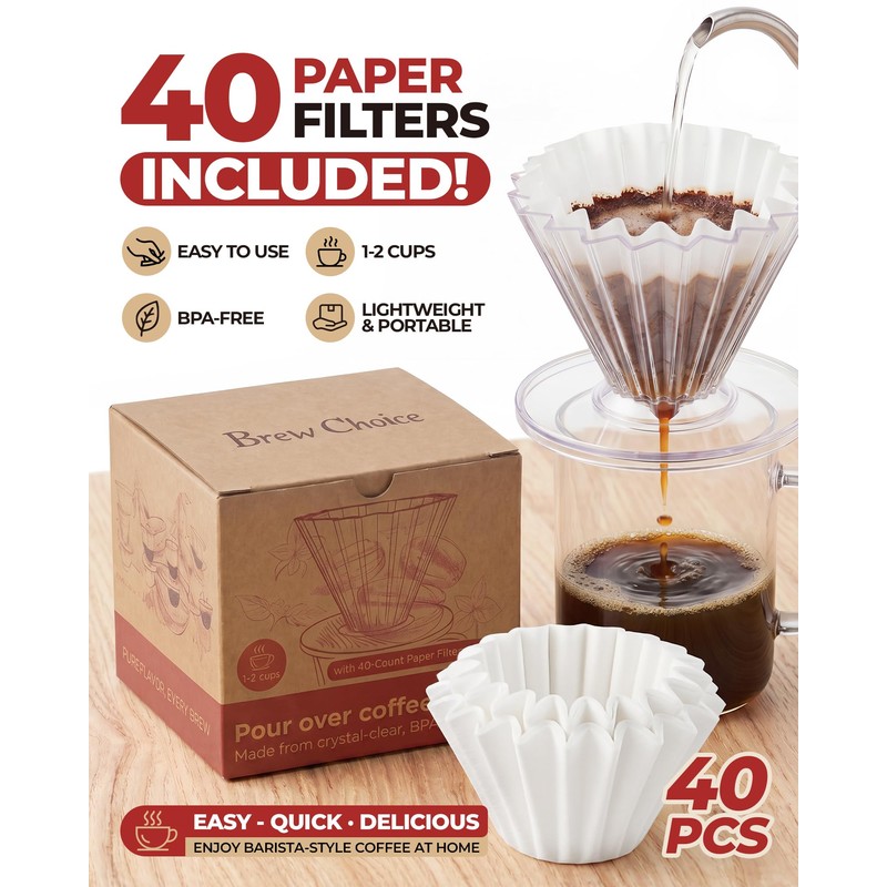 Brew Choice Pour Over Coffee Dripper with 40 Paper Filters,