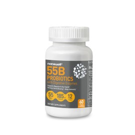 NANOWELL 55B Probiotics with Digestive Enzymes for Immune Support & Gut Health - 55 Billion CFU, 12 Strain, 185 mg Prebiotic - Relieves Gas & Bloating - 60 Vegan Capsules, 60 Day Supply