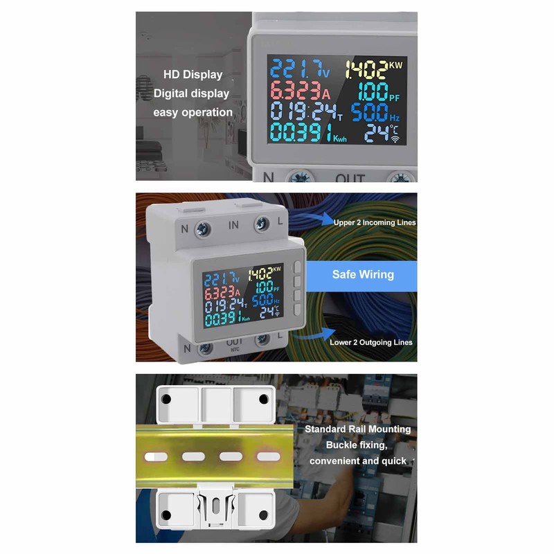 DIN Rail Voltage Current Meter 170‑270V 0‑63A Digital Display Energy