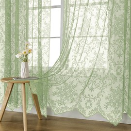 WUBODTI Sage Green Lace Curtains with Valance 63 Inches Long 2 Panels, Rod Pocket Vintage Victorian Semi Sheer Embroidered Floral Short Window Treatments Home Decor for Bedroom, Kids Room