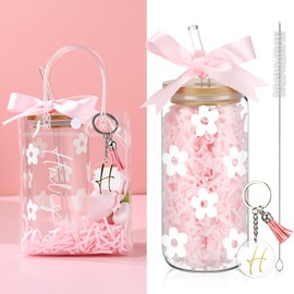 Yetene 16oz Bride Glass Cup with Lid and Straw Bridal Shower Bachelorette Party Gifts for Women Daisy Letter Sticker Keychain Pink Ribbon Clear Gift Bag Bride to Be Gifts