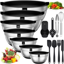 AIKKIL Mixing Bowls with Airtight Lids, 20 piece Stainless Steel Metal Nesting Bowls, Non-Slip Silicone Bottom, Size 7, 3.5, 2.5, 2.0,1.5, 1,0.67QT Great for Mixing, Baking, Serving (Black)