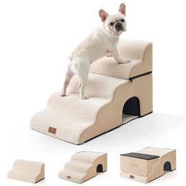 COZY KISS Wide Dog Stairs for High Beds with Tunnel, Foam Detachable Dog Step for Small Dog, Puppy or Cats, Medium/Large Pet Ramp for Bed or Car, 33x19.7x22.4 inch, 5 Tiers, Beige