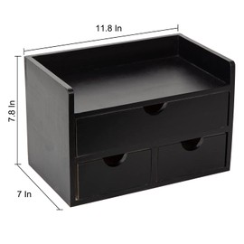 ExoLiry Black Bamboo Desk Organizer Wooden Storage Cabinet 3 Drawers with Shelf Tabletop Organization Box Home Office Workspace Bathroom Toiletries Supplies Caddy Vanity Makeup Stationery Holder