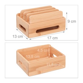 Relaxdays Bamboo Docking Station, Desk Phone Stand for 6 Devices, Wooden Cable Box, HWD 9 x 17 x 13 cm, Natural