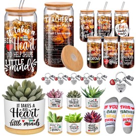 Layhit 24 Pcs Teacher Christmas Appreciation Gifts Thank You Teacher Gift 16 oz Glass Teacher Cups Succulent Plant Pots Keychains Socks for Women Teachers Thank You Retirement Christmas Birthday Gifts