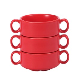 AQUIVER 10 Ounces Ceramic Bowls - Porcelain Small French Onion Soup Bowl With Double Handles – Small Soup Bowls for Ice Cream, Dessert, Souffle, Yogurt - Set of 3 (Red)