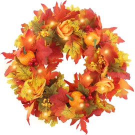 CHENYU Autumn Wreaths Reusable 45cm Halloween Wreath Artificial Autumn Wreath With Pumpkin Berries and Maple Leaves Hanging Indoors and Outdoors Halloween Home Decoration Autumn Wreath