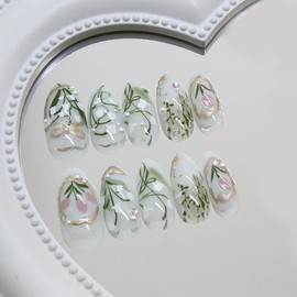 24Pcs Flower Press on Nails Short Green Fake Nails Almond Shaped Full Cover Orchid with Rhinestones Glitter Gold Design Spring False Nails Reusable Artificial Glue on Nails for Women Acrylic Nails