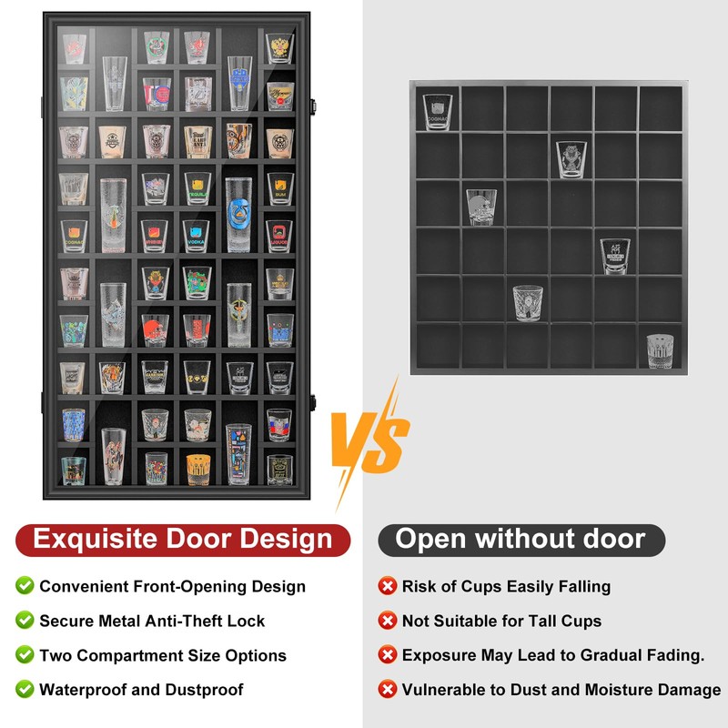 Shot Glass Display Case, 52 Slots Lockable Wall Mounted Shadow