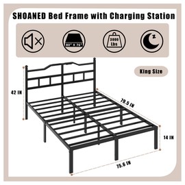 SHOANED Metal Bed Frame with Charging Station - 14 Inch King Size Heavy Duty Bedframe with Headboard Black Basic Steel Slats Platform No Box Spring Needed/Noise Free