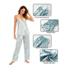 Escalier Women's Silk Satin Pajamas Set 3 Pcs Floral Silky Pj Sets Sleepwear Cami Nightwear with Robe and Pants (Blue Floral, Large)