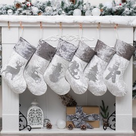 JEKOSEN Christmas Stockings Set of 6 Rustic Household Traditional Hanging Xmas Stockings for Christmas Fireplace Decorations Socks with Christmas Element Pattern