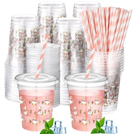Jingmore 50 Pcs One Silly Goose Birthday Party Disposable Plastic Cups 12 oz with Lids Straws Themed Birthday Party Supplies Plastic Tumbler for Girl Boy Baby Shower Table Decorations Favors