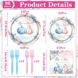 InIsaJace Pumpkin Gender Reveal Decorations Tableware, 96PCS Fall He or She What Will Our Little Pumpkin Be Disposable Plates and Napkins Decoration Autumn Baby Shower Forks Decor Supplies, Serve 24