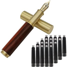 Pluma estilográfica de madera de latón hecha a mano, tamaño pequeño, 85 mm, con 20 cartuchos de tinta negra, textura marrón y roja