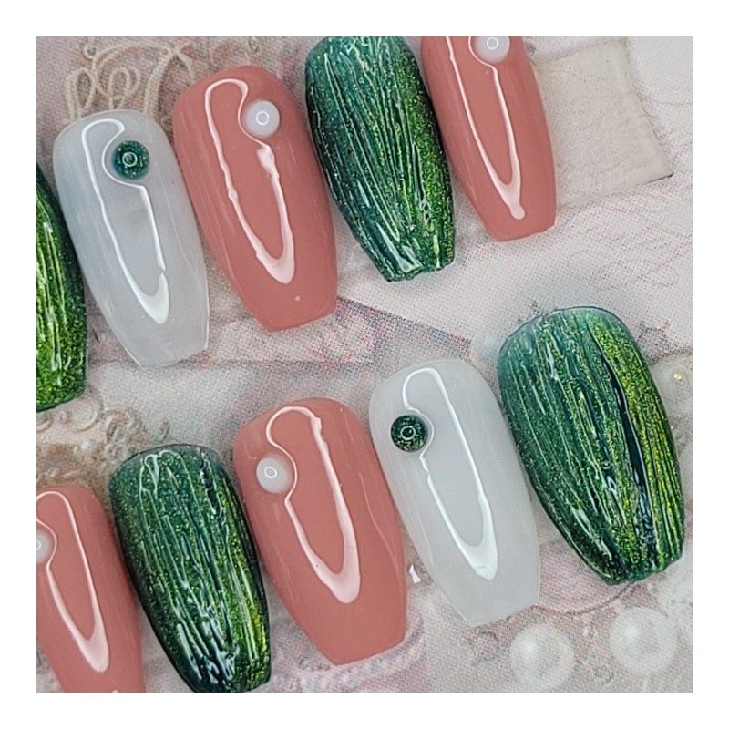 Green Tea Latte Handmade Nail Tips - Almond M /