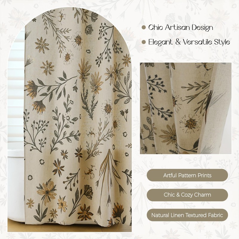 TIVNICO Golden Wildflowers Linen Shower Curtain Set with Liner,72" Wx72