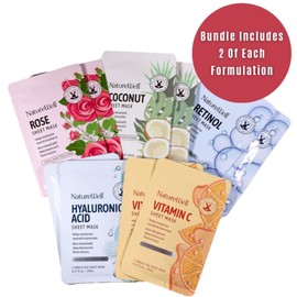 NATURE WELL Single Use Face Mask Sheet Skincare Treatment Multipack For All Skin Types, Includes Hyaluronic Acid, Rose, Retinol, Coconut, & Vitamin C (Pack of 10)