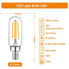 Vinaco 3.39 Inch E12 Edison Bulb Dimmable 4W, Equal 40W, 6 Pack T6 E12 LED Bulb 2700K Warm White, No Flicker T6/T25 Edison Candelabra Light Bulbs for Chandelier, Ceiling Fan, Pendant, Wall Sconces