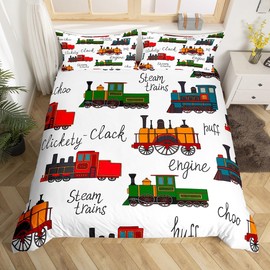 Vintage Train Duvet Cover Set Queen Size Cartoon Train Car Bedding Set 3Pcs for Kids Boys Girls Room Decor Transportation Vehicles Comforter Cover Yellow Red Green Train Quilt Cover,2 Pillowcase