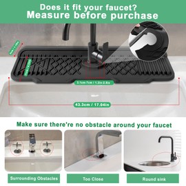UOSHXAH 17 Inch Faucet Mat For Kitchen Sink Splash Guard Behind Faucet, ，5°Slope Fast Draining Silicone Mat , Dish Soap Sponge Holder for Bathroom Sink kitchen sink organizer (black, 17" x 6")
