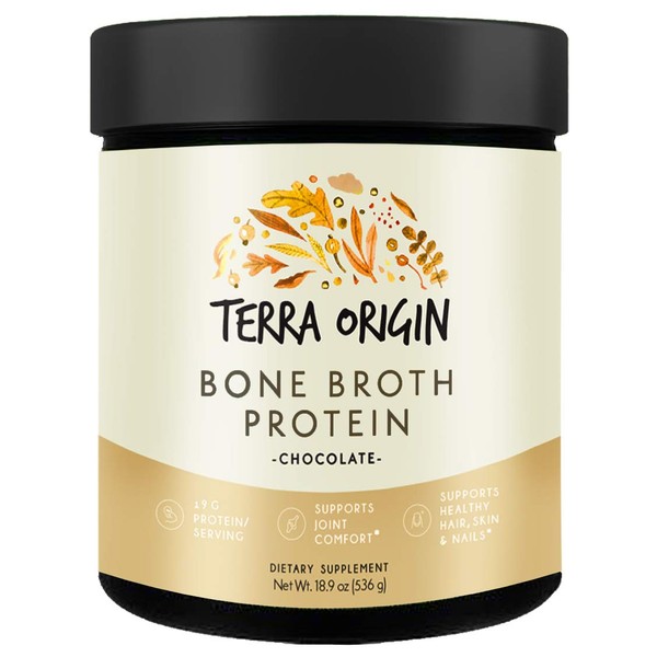 Terra Origin Collagen Protein Bone Broth Powder, Natural Collagen from Real Whole Food Sources with 17g Protein, for Hair, Skin, Nail and Joint Support, 20 Servings, Chocolate.