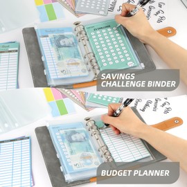 2 in 1 Budget Planner, Savings Challenge, A6 Budget Binder Money Saving Wallet with 7 Cards Trackers, 12 Cash Envelopes, 12 Budget Sheets ＆ a Ruler, Cash Stuffing Wallet UK Organiser Book, Dark Grey