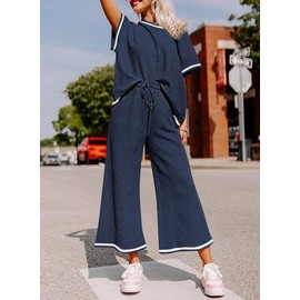 SHEWIN Women's Two 2 Piece Outfits Sweatsuit Lounge Sets for Women Short Sleeve Pullover Tops Casual Loose Pants Comfy Pajamas Tracksuit Set Fall Clothes for Women 2025 Striped Blue White S