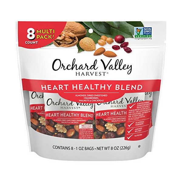 Orchard Valley Harvest Heart Healthy Blend, 1 Ounce Bags (Pack of 8), Almonds, Cranberries, Walnuts, and Chickpeas, Gluten Free, Non-GMO, No Artificial Ingredients