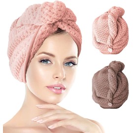 2 Pack Hair Towel Wrap,Hair Drying Towel with Button, Microfibre Hair Towel, Dry Hair Hat, Bath Hair Cap, Lady Bath Head Wrap, Women Hair Drying Towels,Head Wrap Towel, Absorbent Hair Towel Turban