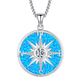 Eusense Opal Necklace Compass Necklace for Women Men 925 Sterling Silver Compass Jewelry Pendant Moissanite Crystals Blue Opal Pendant Necklace Gifts for Her Him Birthday Anniversary Lover