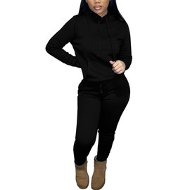 HTD Two Piece Outfits for Women Casual Sweatsuits Set Long Sleeve Hoodie Tracksuit Pullover Jogger Sweat Pants Set Black M