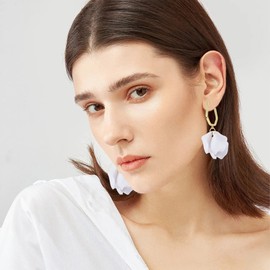 Anmpab Boho Long Acrylic Rose Petal Drop Dangle Earrings Bohemian Resin Multicolored Flower Statement Floral Tassel Earrings Layered Floral Petal Earrings for Women Bridal Prom Gifts (White)