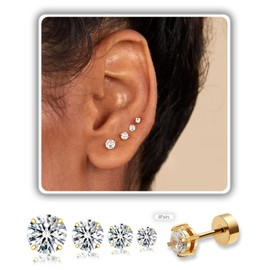 4Pairs Flatback Studs Earrings Set for Women Men,20G Hypoallergenic Gold-Plated Stainless Steel Studs Earrings 3-4-5-6mm Cubic Zirconia Simulated Diamond Round CZ Cartilage Earrings for Sensitive Ears