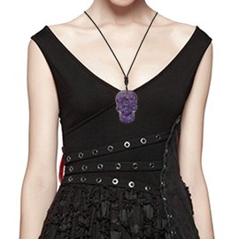 KYEYGWO Unisex Crystal Skull Pendant with Adjustable Nylon Rope, Tumbled Stones Skull Necklace Carved Ghost Head Gemstone Necklace Pendant Gothic Jewellery for Punk Rocks, Resin Nylon amethyst resin