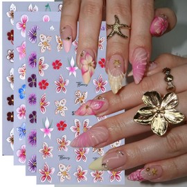 Flower Nail Stickers for Nail Art 5D Embossed Spring Summer Lily Hawaiian Flower Adhesive Nail Stickers Floral Nail Decals Summer Flowers Nails Design Manicure Supplies para Uñas Decor 4Pcs