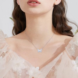 Hukkun Sterling Silver Butterfly Pressed Flower Necklace - Enamel Butterfly Jewellery Gifts for Women & Girls