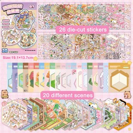 Wnqou 20 Sets DIY 3D House Stickers Collection Book, 3D Miniature Pet Shop Scene Simulated, Cute Cartoon Stickers for Adults and Kids, Fun Simulated Scene Game for Girls