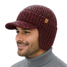 TOP-EX DryKnit™ Waterproof 80% Merino Wool Peaked Beanie Hat Men with Ear Flaps & Fleece Lined, Winter Thermal Newsboy Cap Baker Boy Hats with Brim Windproof for Golf Christmas, Red M/L