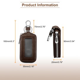 HARFINGTON Car Key Fob Case Leather RFID Smart Key Chain Keychain Holder with Metal Hook Keyring Zipper Bag for Remote Key Fob, Brown